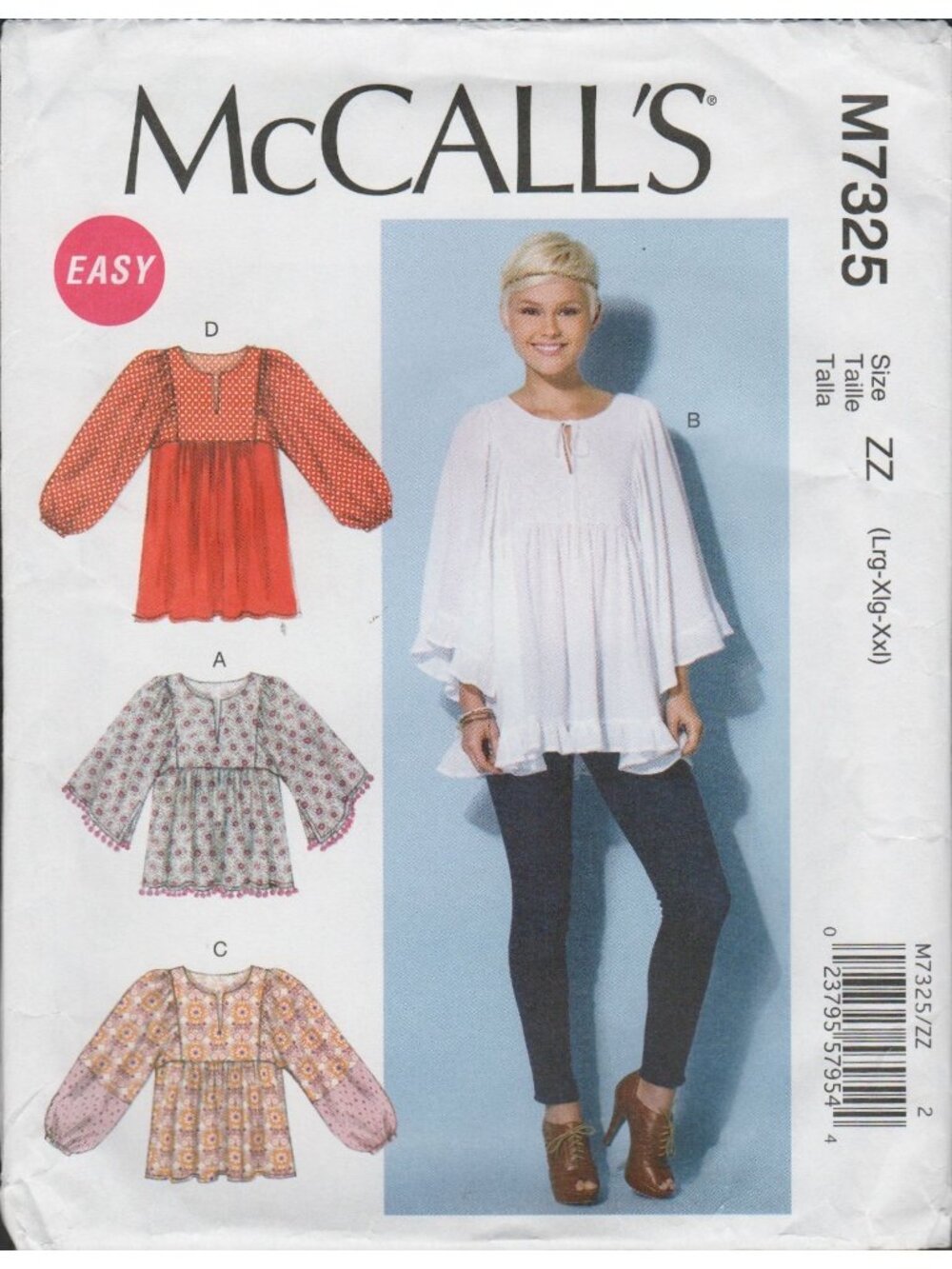 McCall's 7325 Boho Peasant Loose Shirt Top Easy Pattern Misses Size 16-26 Uncut